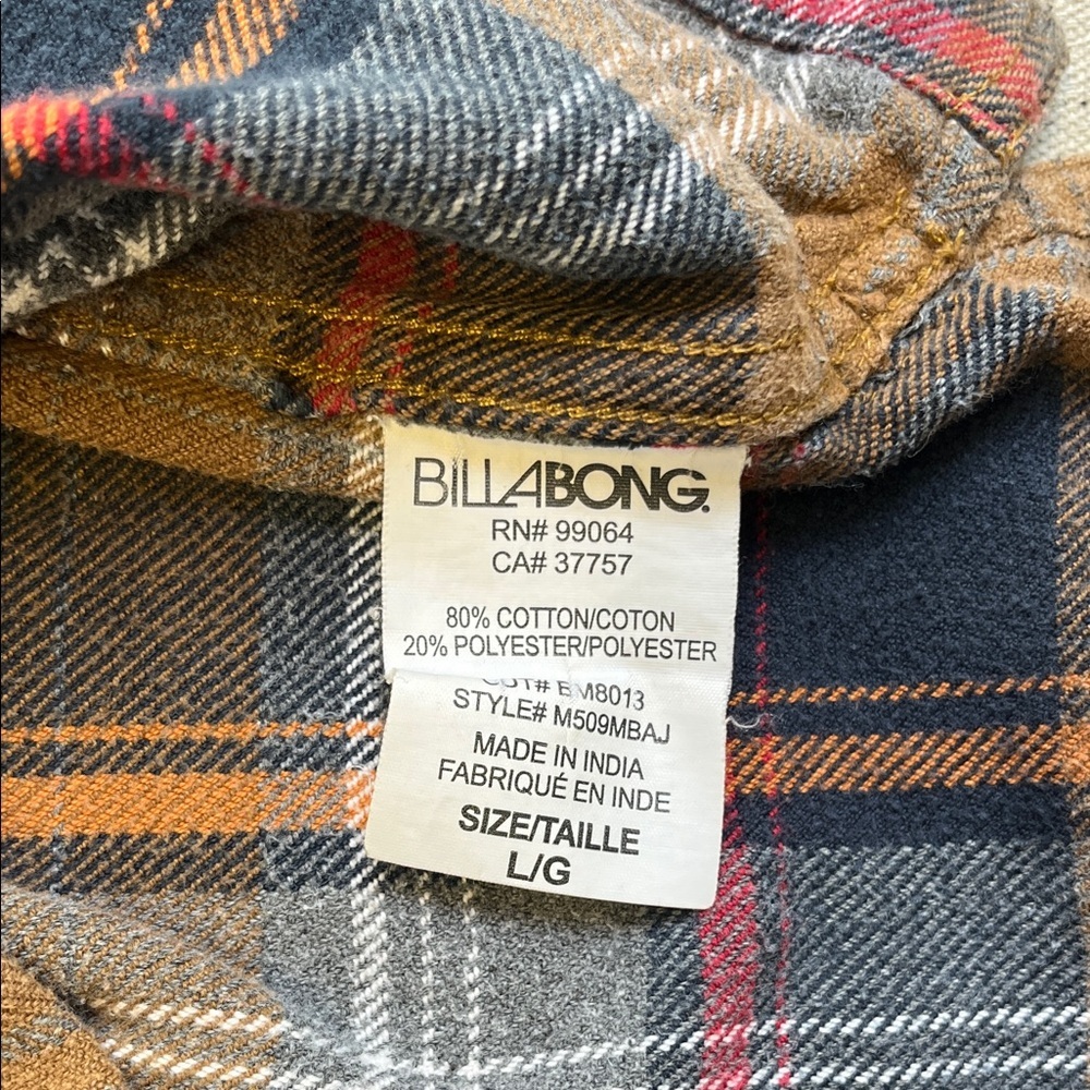 Billabong Plaid Hooded Flannel Shirt Jacket Brown Gray Core Fit Large - Picture 5 of 7